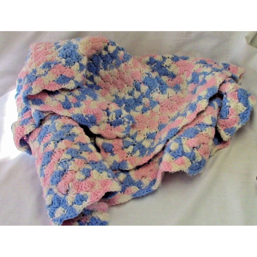 Hand Crocheted Pink, White & Blue Baby Blanket 28" x 28"
